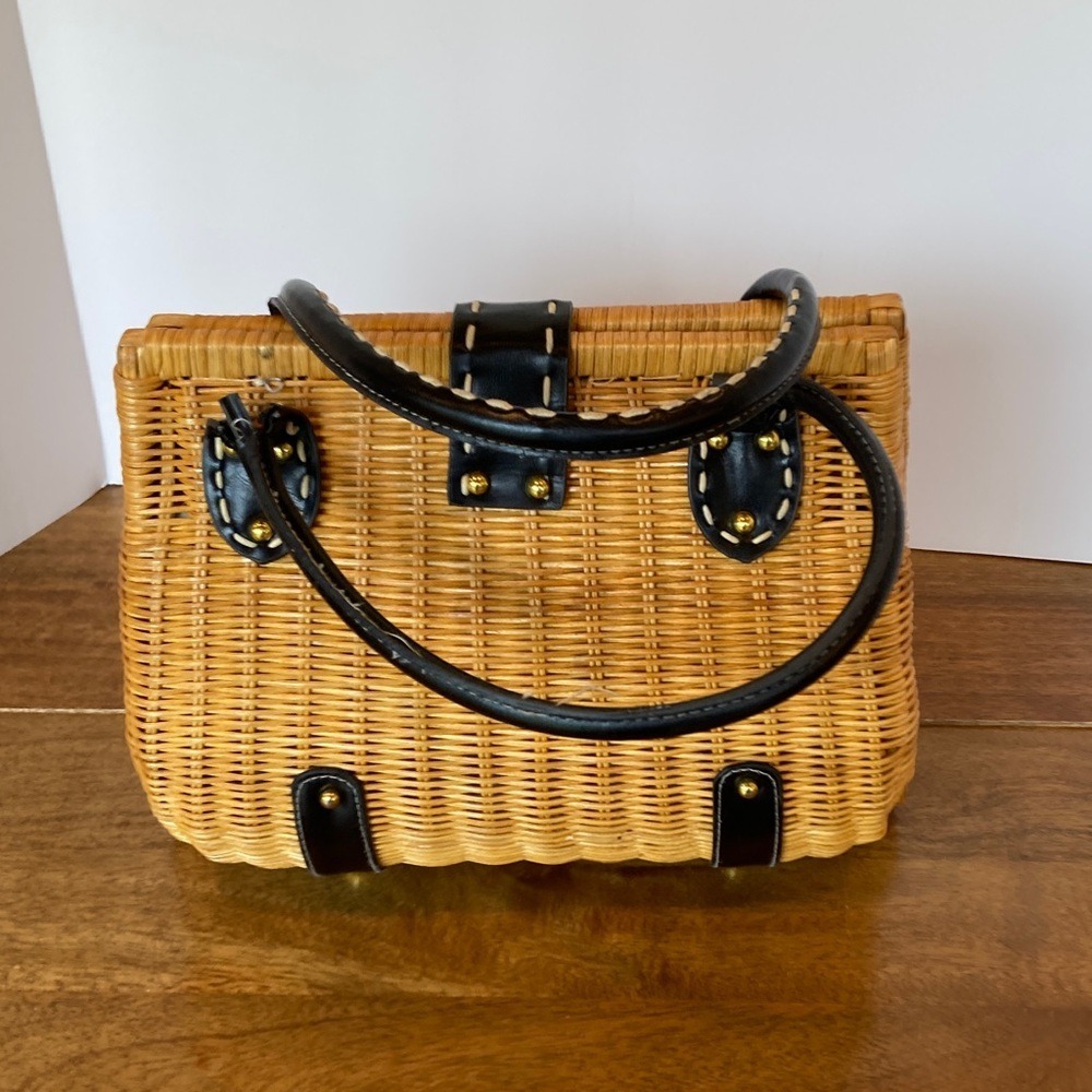 Tan Black Woven Leather Look Handbag Double Handle Picnic Style Classic Timeless - Picture 9 of 14